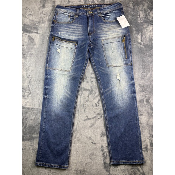 Sean John Mens Denim Jeans Athlete Tapered Stretch 38x30 Acid Dark Wash SEE DESC - Picture 1 of 16